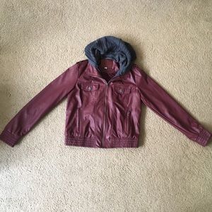 Miss London Faux Leather Jacket w/ Hood - Burgundy